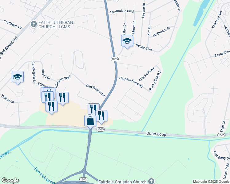 map of restaurants, bars, coffee shops, grocery stores, and more near 5839 New Cut Road in Louisville