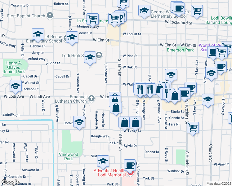 map of restaurants, bars, coffee shops, grocery stores, and more near 1301 West Lodi Avenue in Lodi
