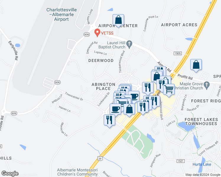 map of restaurants, bars, coffee shops, grocery stores, and more near 2068 Lockwood Drive in Charlottesville