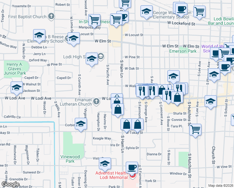 map of restaurants, bars, coffee shops, grocery stores, and more near 1292 West Lodi Avenue in Lodi