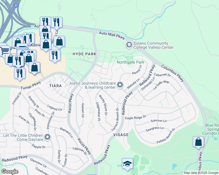 map of restaurants, bars, coffee shops, grocery stores, and more near 3546 Calm Breeze Court in Vallejo