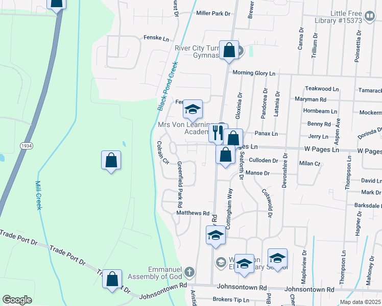 map of restaurants, bars, coffee shops, grocery stores, and more near 7009 Shutesbury Circle in Louisville
