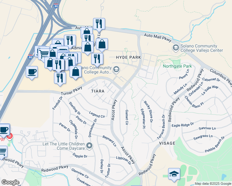 map of restaurants, bars, coffee shops, grocery stores, and more near 7605 Princess Diana Court in Vallejo