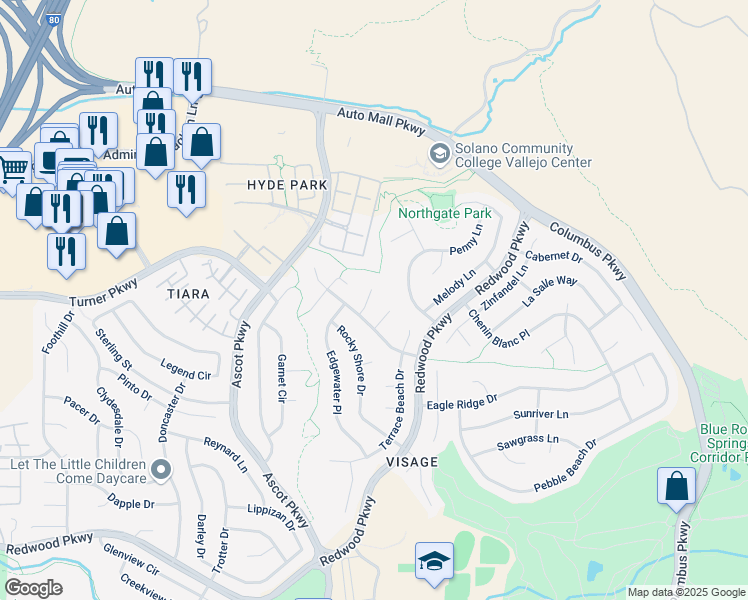 map of restaurants, bars, coffee shops, grocery stores, and more near 3546 Calm Breeze Court in Vallejo
