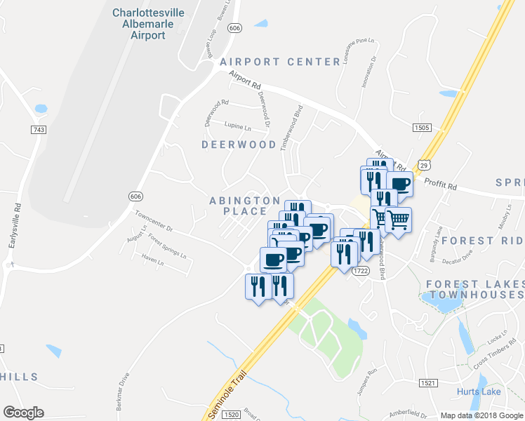 map of restaurants, bars, coffee shops, grocery stores, and more near 2066 Lockwood Drive in Charlottesville