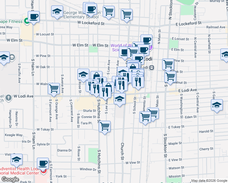 map of restaurants, bars, coffee shops, grocery stores, and more near 220 West Lodi Avenue in Lodi
