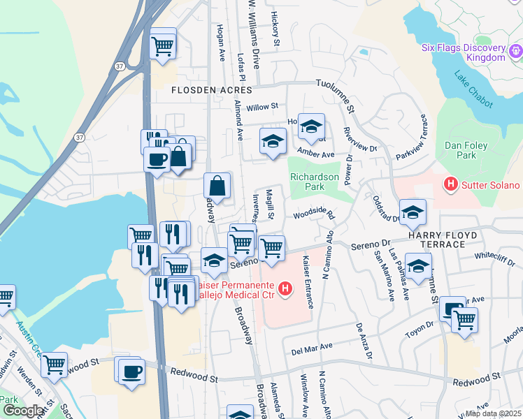 map of restaurants, bars, coffee shops, grocery stores, and more near 430 Inverness Drive in Vallejo