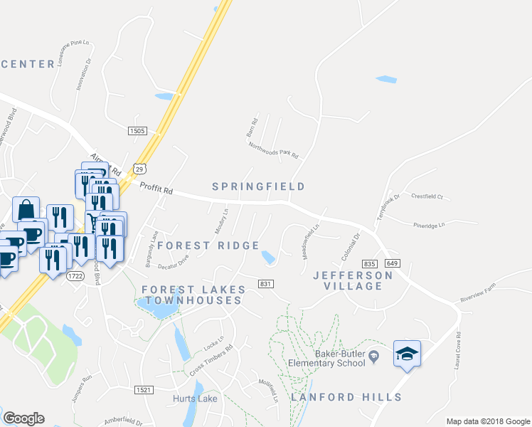 map of restaurants, bars, coffee shops, grocery stores, and more near 2194 Timber Meadows in Charlottesville