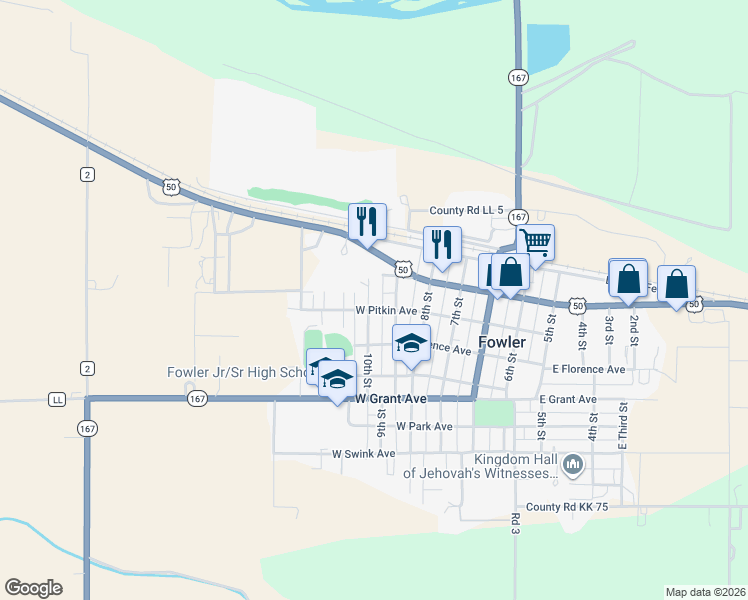 map of restaurants, bars, coffee shops, grocery stores, and more near 500-544 West Pitkin Avenue in Fowler