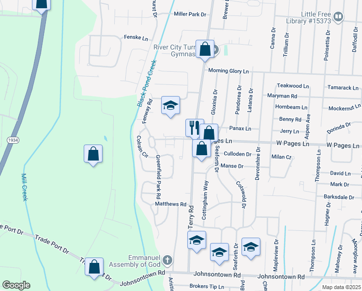 map of restaurants, bars, coffee shops, grocery stores, and more near 8508 Terry Road in Louisville