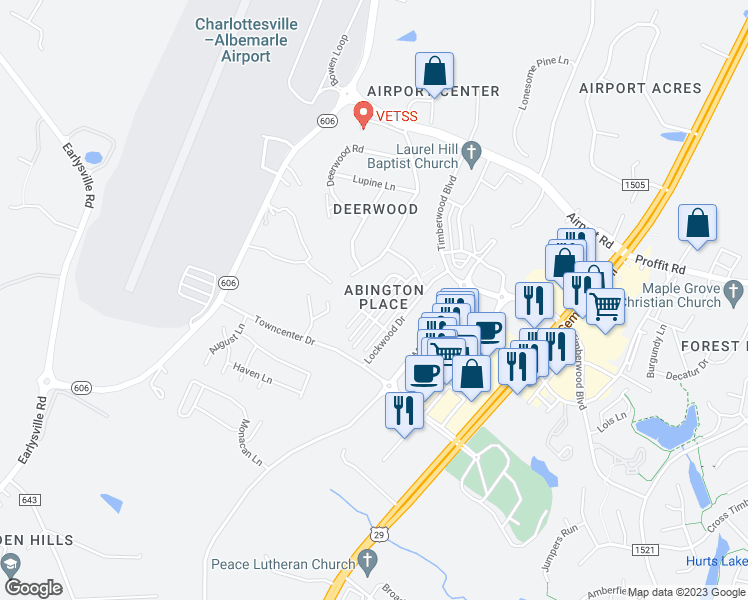 map of restaurants, bars, coffee shops, grocery stores, and more near 2697 Aldersgate Way in Charlottesville