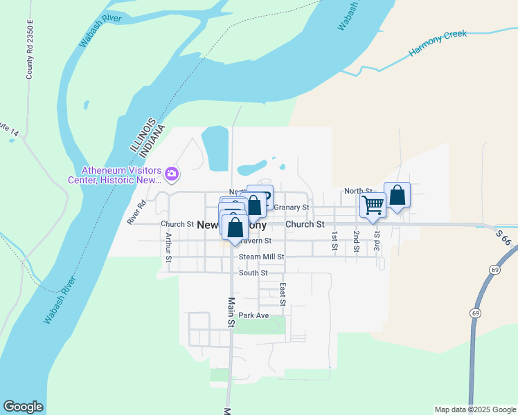 map of restaurants, bars, coffee shops, grocery stores, and more near Granary St & S Brewery St in New Harmony