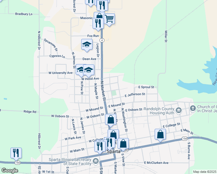 map of restaurants, bars, coffee shops, grocery stores, and more near 616 North Market Street in Sparta