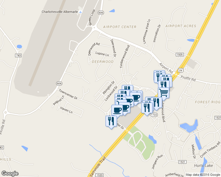 map of restaurants, bars, coffee shops, grocery stores, and more near 2345 Abington Drive in Charlottesville