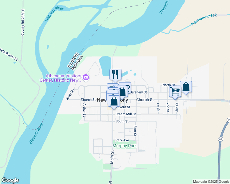 map of restaurants, bars, coffee shops, grocery stores, and more near 520 Granary Street in New Harmony