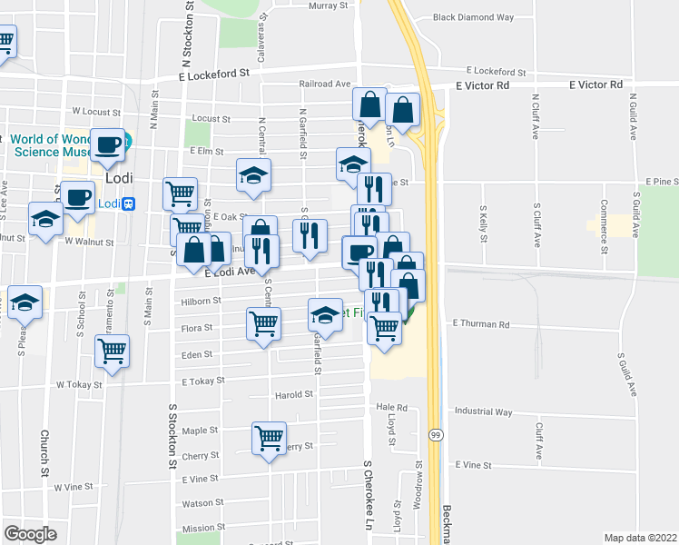 map of restaurants, bars, coffee shops, grocery stores, and more near 520 East Lodi Avenue in Lodi
