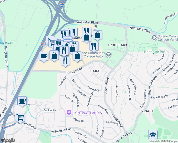 map of restaurants, bars, coffee shops, grocery stores, and more near in Vallejo