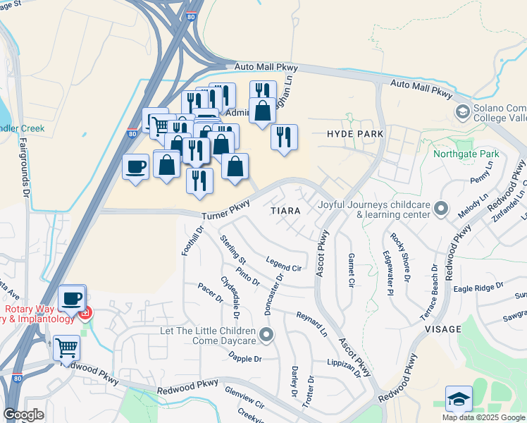 map of restaurants, bars, coffee shops, grocery stores, and more near 8417 Benavente Court in Vallejo
