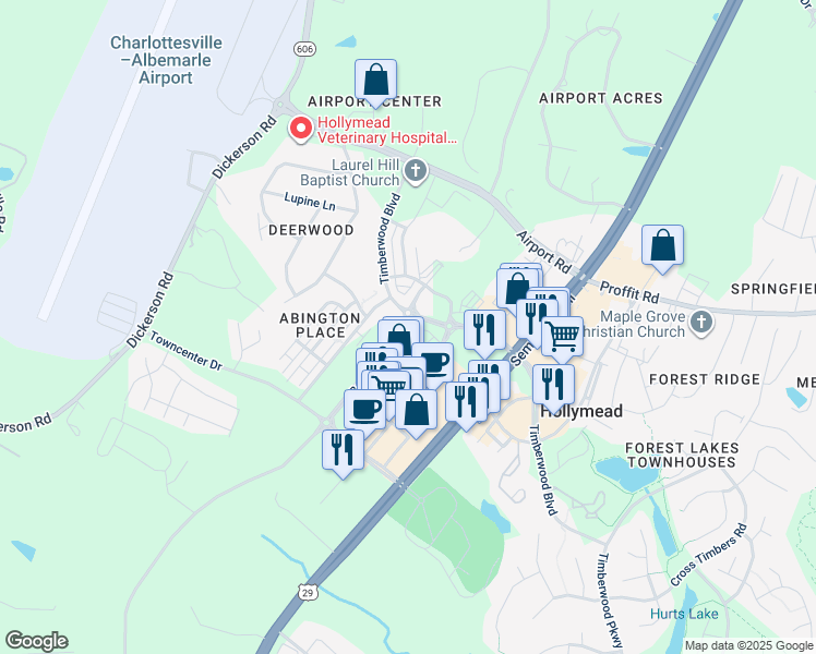 map of restaurants, bars, coffee shops, grocery stores, and more near 5029 Orchid Bend in Charlottesville