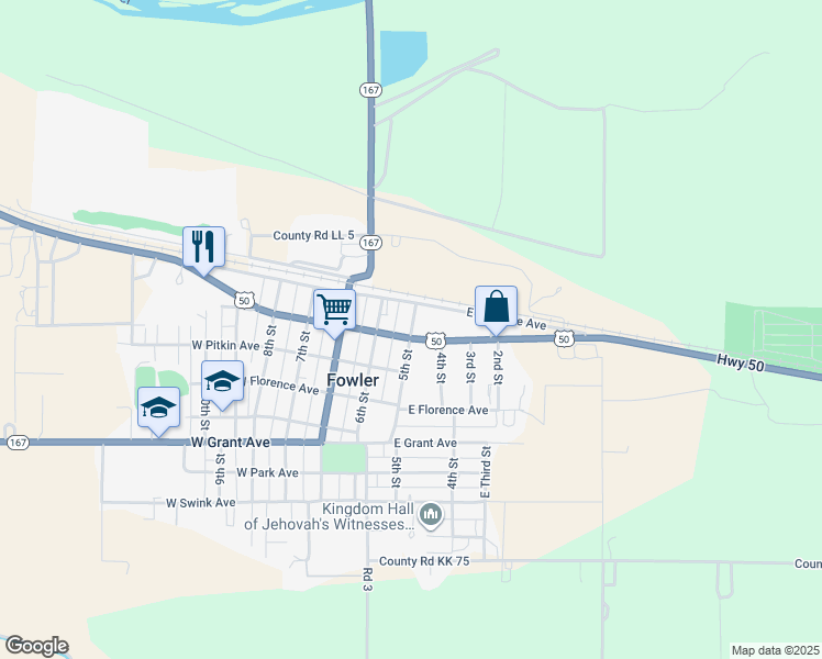 map of restaurants, bars, coffee shops, grocery stores, and more near 398 East Cranston Avenue in Fowler