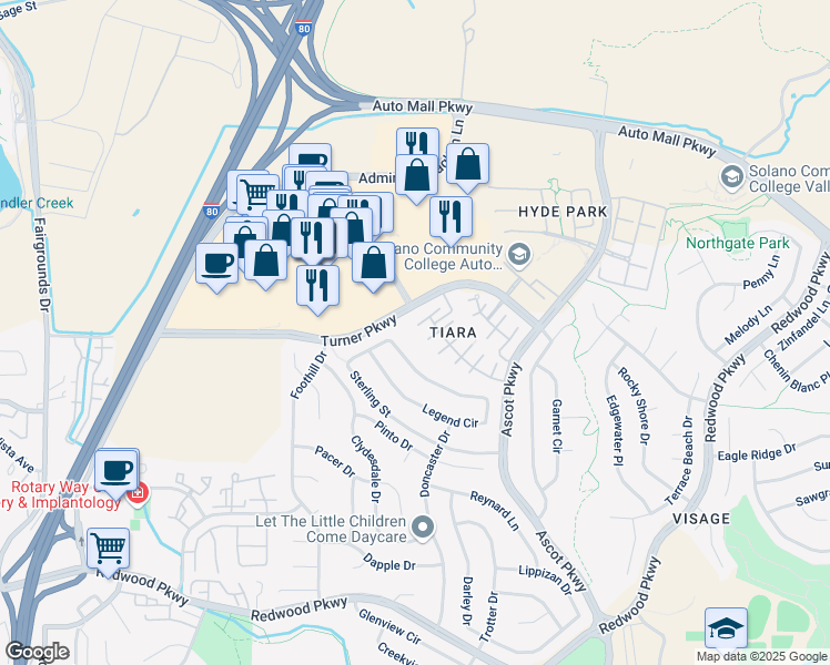 map of restaurants, bars, coffee shops, grocery stores, and more near 1120 Legend Circle in Vallejo
