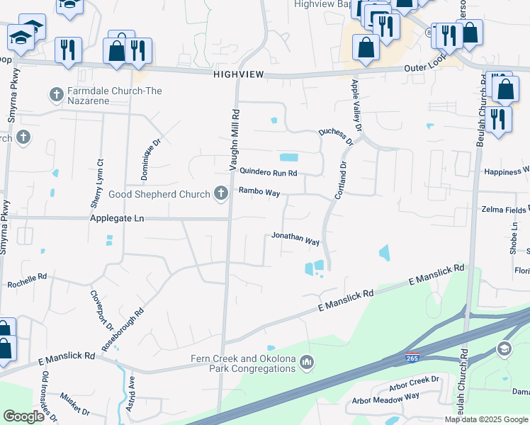 map of restaurants, bars, coffee shops, grocery stores, and more near 8201 Laurel Grove Court in Louisville