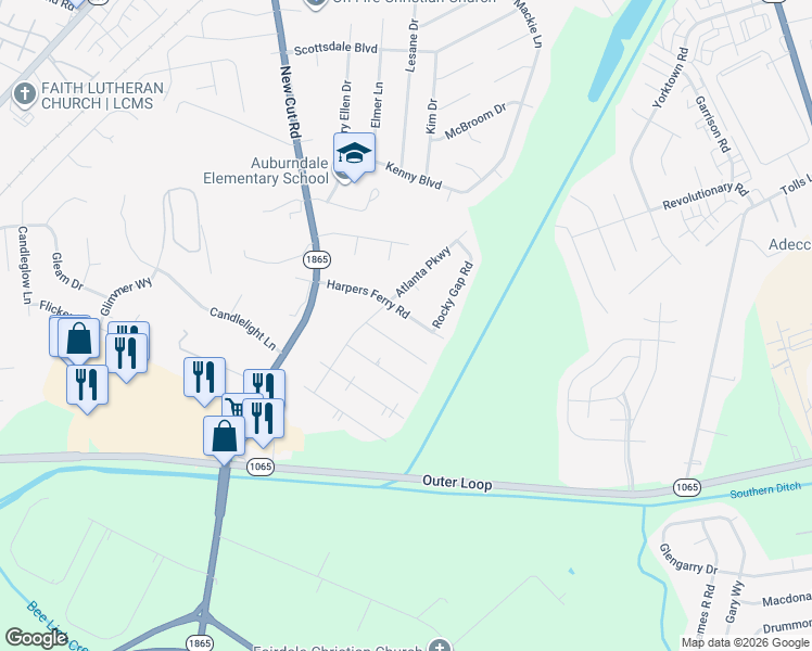map of restaurants, bars, coffee shops, grocery stores, and more near 127 Chantilly Avenue in Louisville