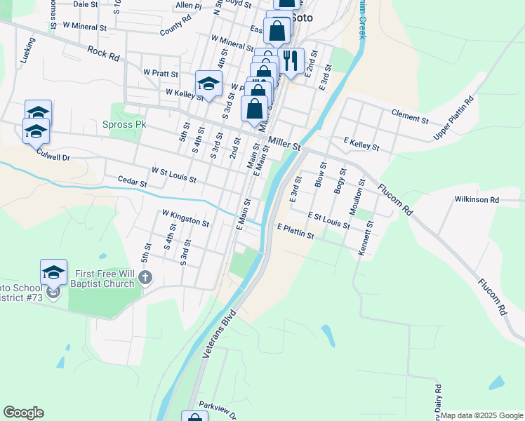 map of restaurants, bars, coffee shops, grocery stores, and more near 124 Joachim Street in De Soto