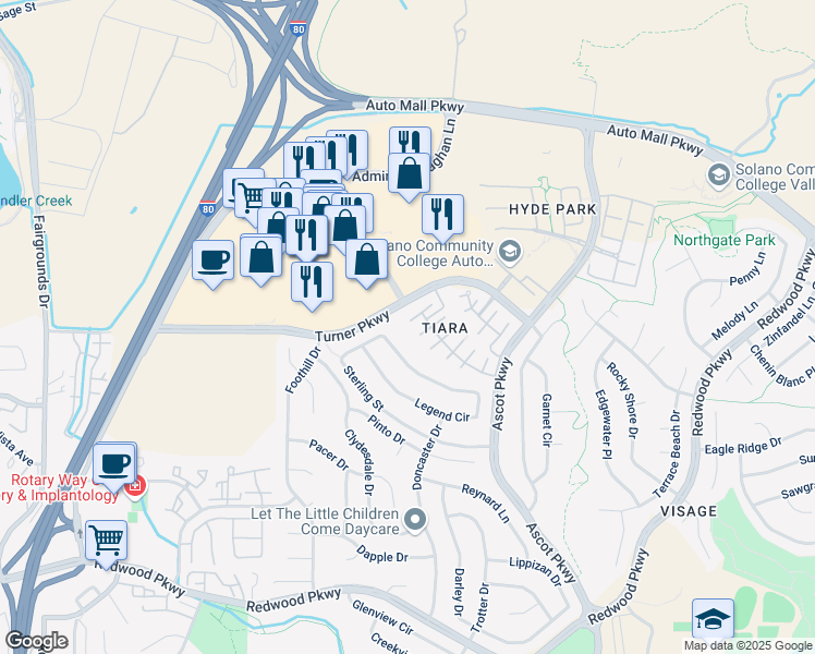 map of restaurants, bars, coffee shops, grocery stores, and more near 1120 Legend Circle in Vallejo