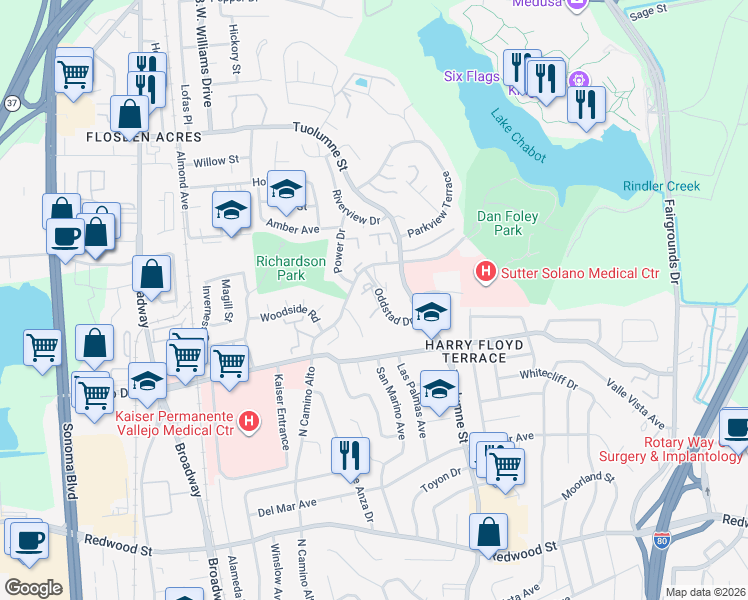 map of restaurants, bars, coffee shops, grocery stores, and more near 165 Oddstad Drive in Vallejo