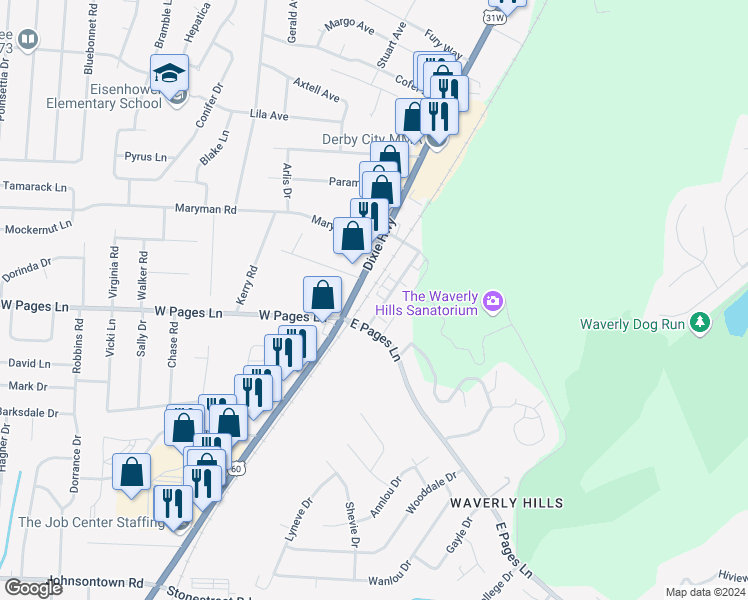map of restaurants, bars, coffee shops, grocery stores, and more near 8177 Dixie Highway in Louisville