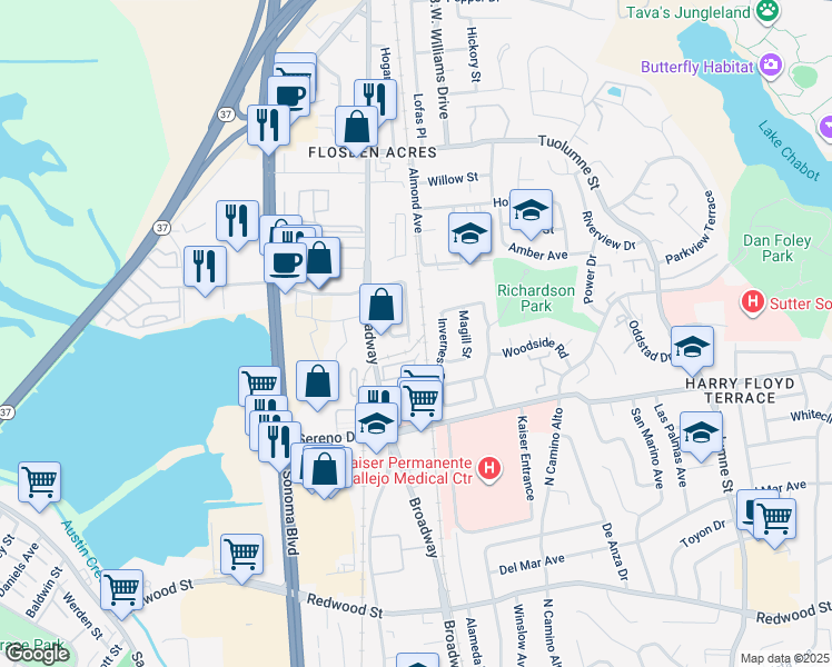 map of restaurants, bars, coffee shops, grocery stores, and more near 206 El Sendero in Vallejo