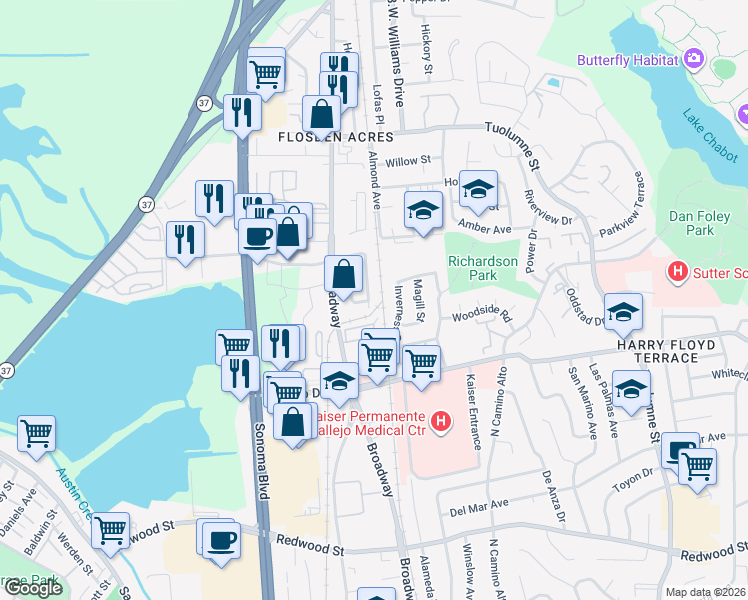 map of restaurants, bars, coffee shops, grocery stores, and more near 206 El Sendero in Vallejo