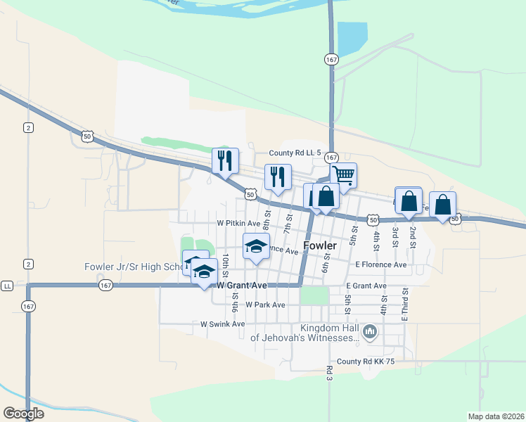 map of restaurants, bars, coffee shops, grocery stores, and more near 110 8th Street in Fowler