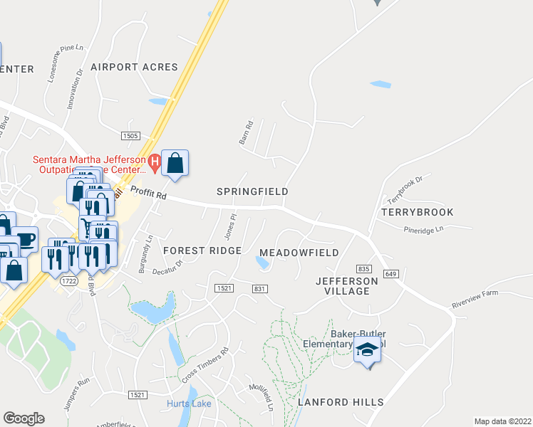 map of restaurants, bars, coffee shops, grocery stores, and more near 2199 Timber Meadows in Charlottesville