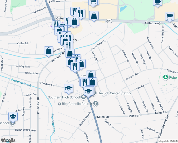 map of restaurants, bars, coffee shops, grocery stores, and more near 4304 Burnt Cedar Lane in Louisville