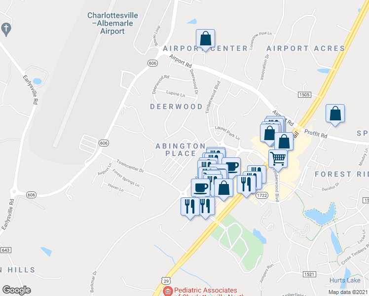 map of restaurants, bars, coffee shops, grocery stores, and more near 2346 Abington Dr in Charlottesville