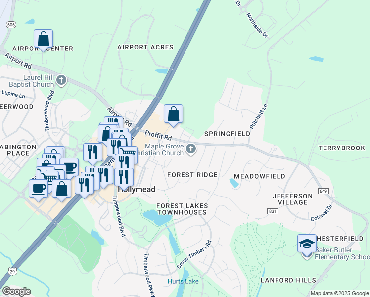 map of restaurants, bars, coffee shops, grocery stores, and more near 2216 Brindle Lane in Charlottesville