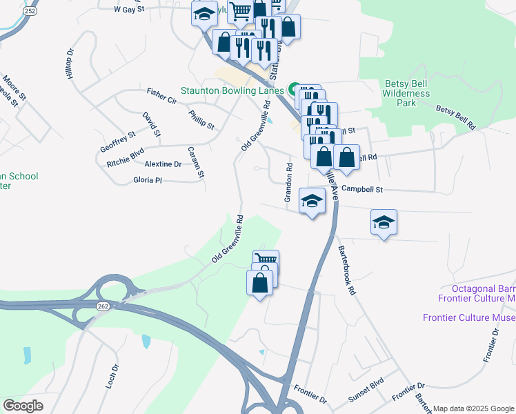 map of restaurants, bars, coffee shops, grocery stores, and more near 409 Linden Drive in Staunton