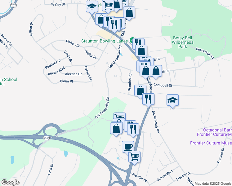 map of restaurants, bars, coffee shops, grocery stores, and more near 409 Linden Drive in Staunton