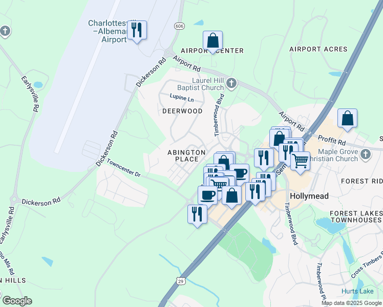 map of restaurants, bars, coffee shops, grocery stores, and more near 2344 Abington Drive in Charlottesville