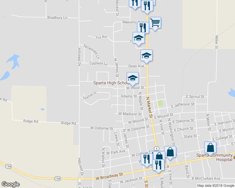 map of restaurants, bars, coffee shops, grocery stores, and more near 800 North James Street in Sparta