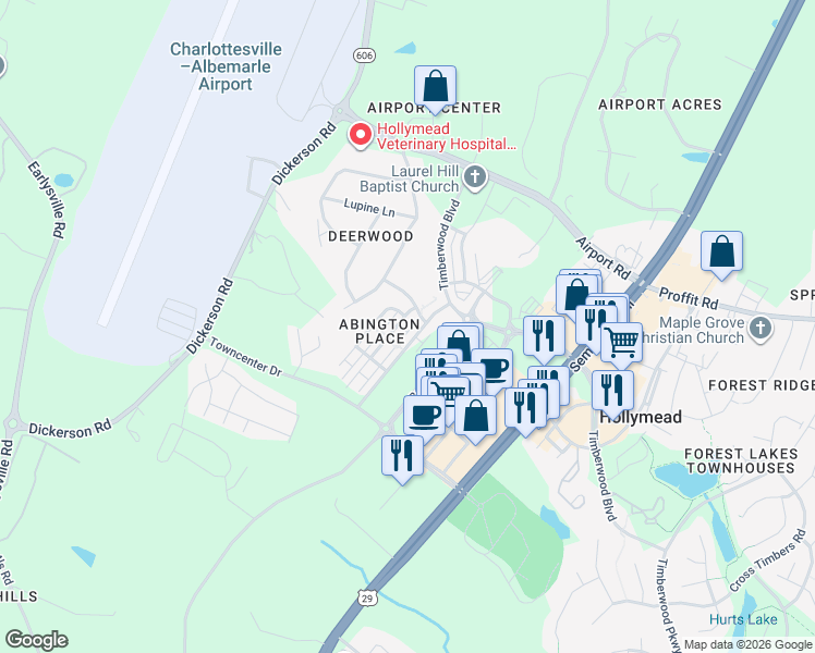 map of restaurants, bars, coffee shops, grocery stores, and more near 1439 Timberwood Boulevard in Charlottesville
