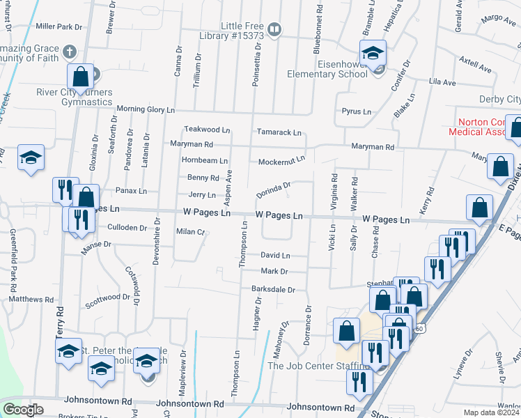 map of restaurants, bars, coffee shops, grocery stores, and more near 5782 Dorinda Drive in Louisville