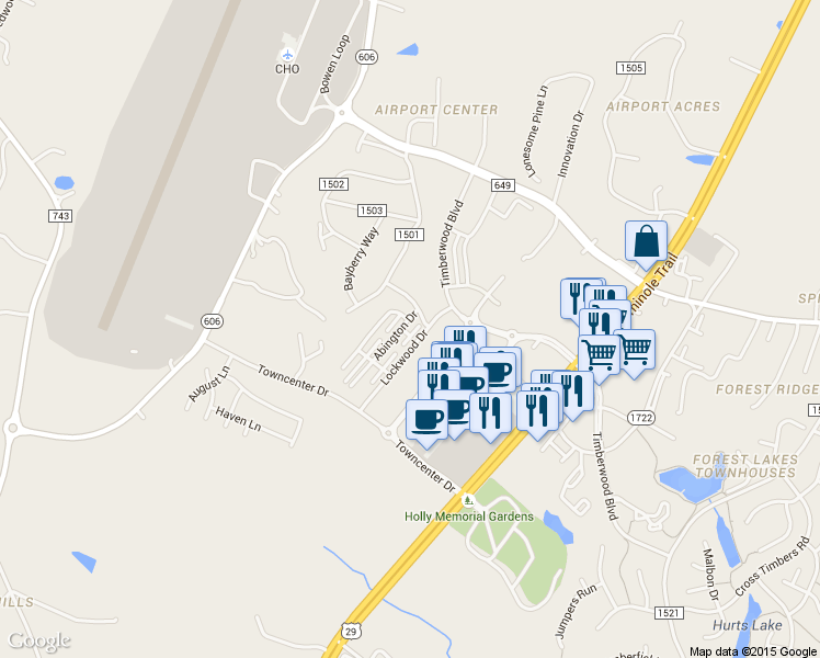 map of restaurants, bars, coffee shops, grocery stores, and more near 1439 Timberwood Boulevard in Charlottesville