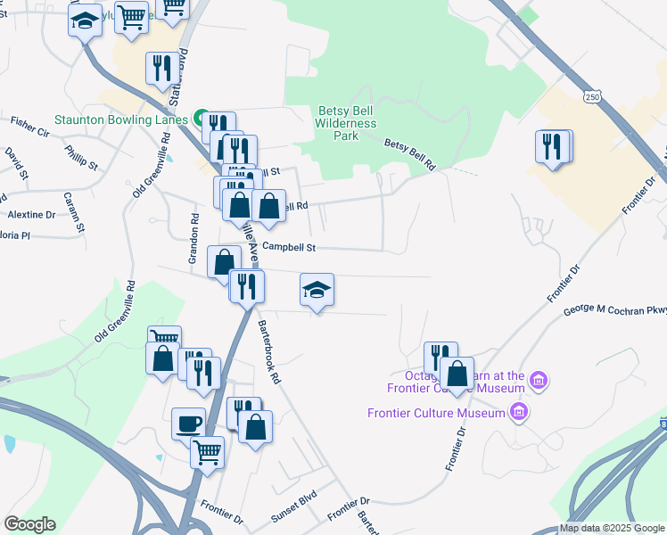 map of restaurants, bars, coffee shops, grocery stores, and more near 336 Campbell Street in Staunton