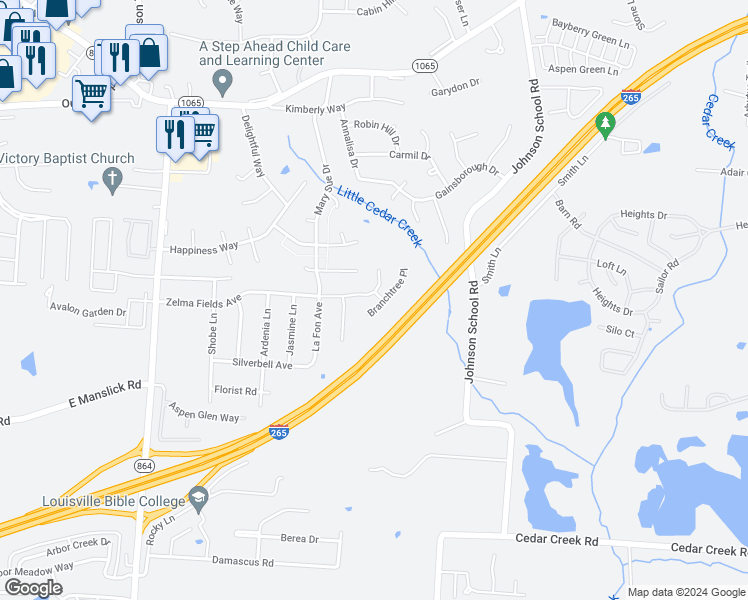 map of restaurants, bars, coffee shops, grocery stores, and more near 9000 Barnoak Drive in Louisville