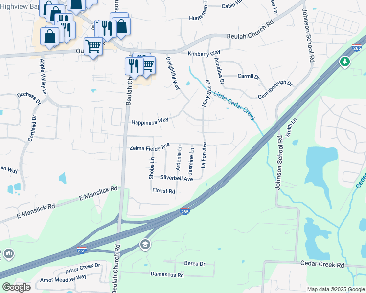 map of restaurants, bars, coffee shops, grocery stores, and more near 8101 Ardenia Lane in Louisville