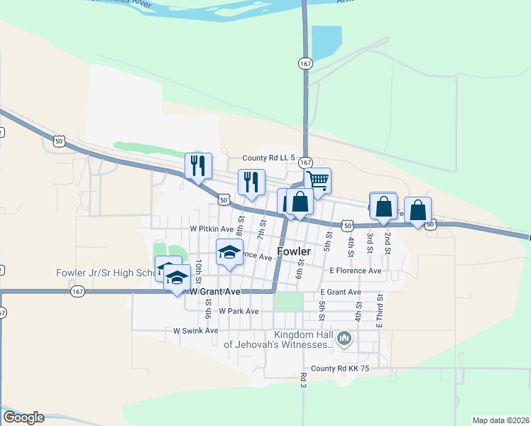 map of restaurants, bars, coffee shops, grocery stores, and more near 198 7th St in Fowler