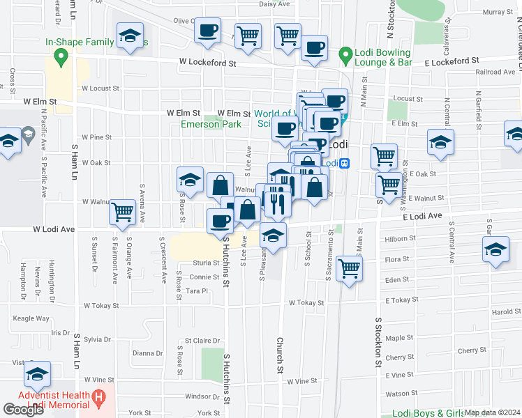 map of restaurants, bars, coffee shops, grocery stores, and more near 211 South Pleasant Avenue in Lodi